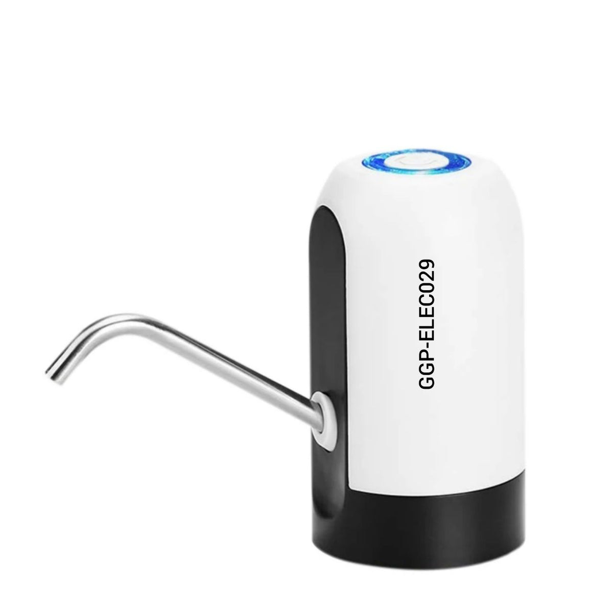 Dispensador de agua blanco y negro con botón superior azul y boquilla metálica.
