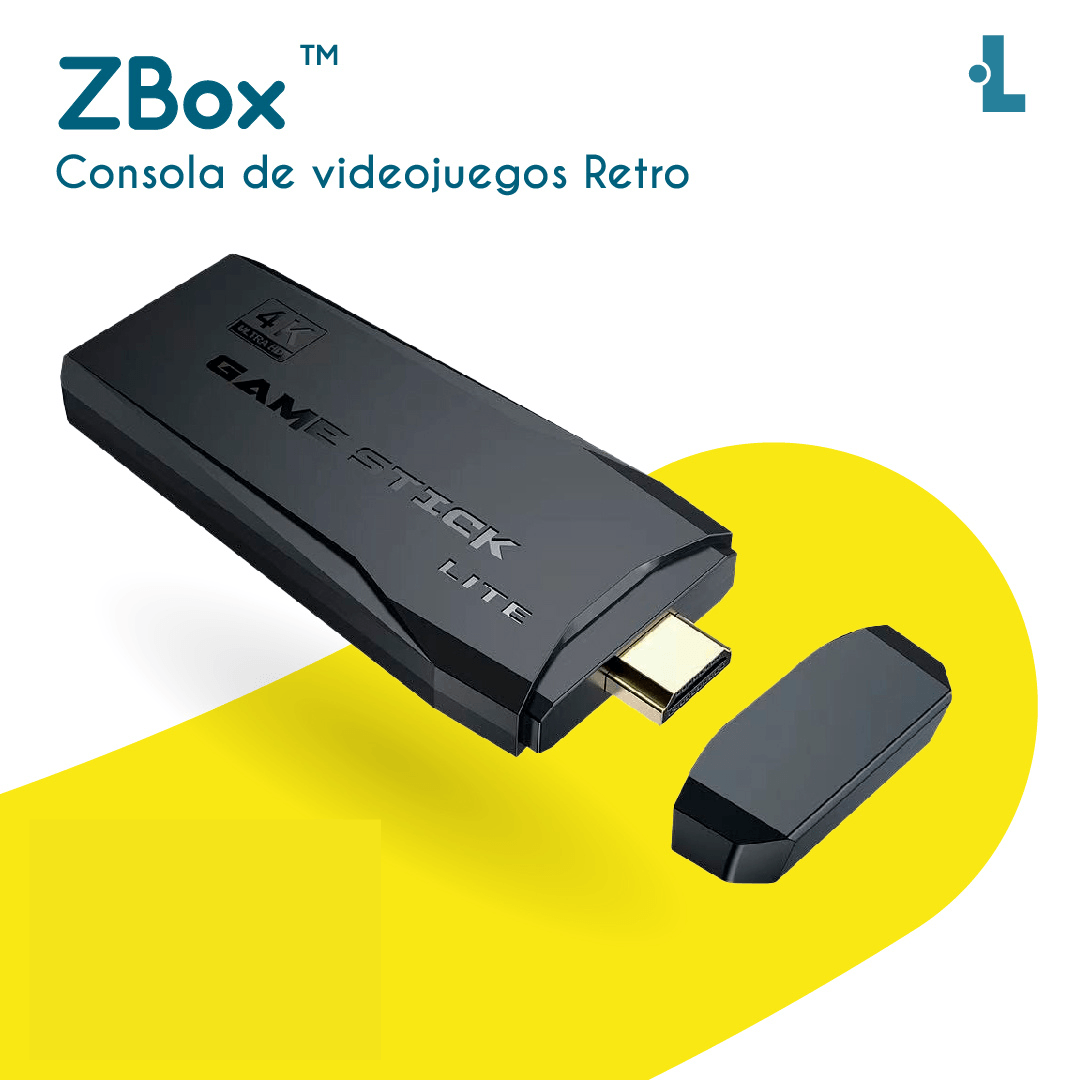 Dispositivo negro de videojuegos en formato stick con conector y tapa, sobre fondo blanco y amarillo.