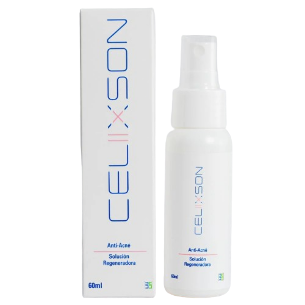 Solución en aerosol Celixson Solución Regeneradora de 60 ml, envase blanco con detalles azules y rosados.