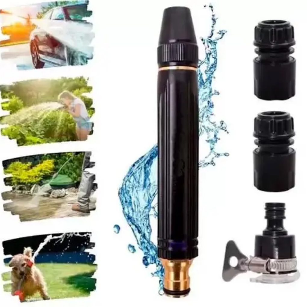 Boquilla para manguera con conectores e imágenes de uso en lavado de auto, riego y limpieza.